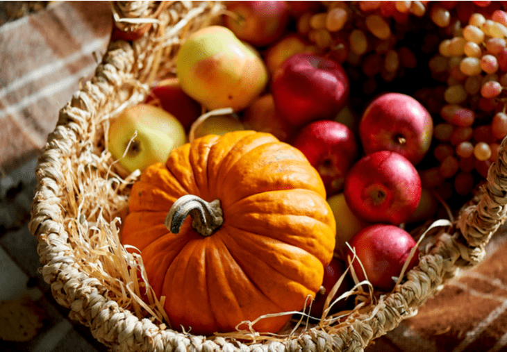 Fall basket with apples and pumpkins